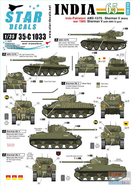 SRD35C1033 1:35 Star Decals - Indo-Pakistani War 1965 India AMX-13/75 / Sherman V