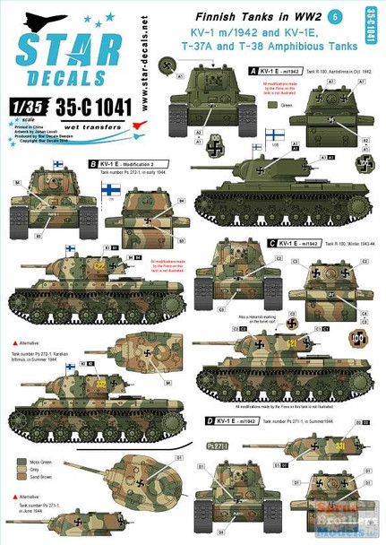 SRD35C1041 1:35 Star Decals - Finnish Tanks in WW2 KV-1 m1942 KV-1E T-37A T-38