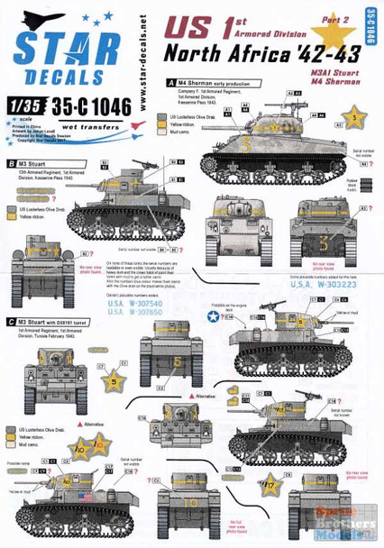 SRD35C1046 1:35 Star Decals - M4 Sherman M3A1 Stuart US 1st Armored Division North Africa 1942-43 Part 2