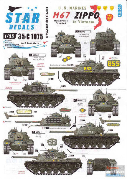 SRD35C1075 1:35 Star Decals US Marines in Vietnam - M67 Zippo M67A2 Patton Flame Tank