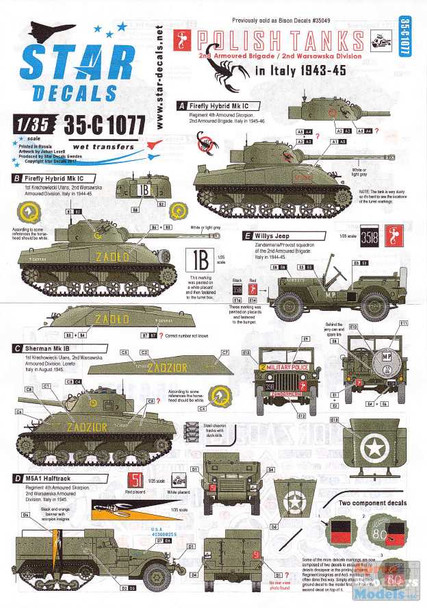 SRD35C1077 1:35 Star Decals Polish Tanks in Italy 1943-45 - 2nd Armoured Brigade / 2nd Warsawska Division