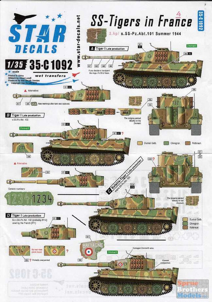SRD35C1092 1:35 Star Decals SS-Tigers in France Part 4: 2.kp/s.SS-Pz.Abt.101 Summer 1944