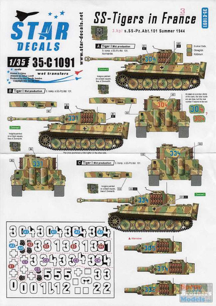 SRD35C1091 1:35 Star Decals SS-Tigers in France Part 3: 3.kp/s.SS-Pz.Abt.101 Summer 1944