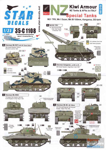 SRD35C1108 1:35 Star Decals - Kiwi Armour Part 1: NZ Tanks & AFVs in Italy Special Tanks