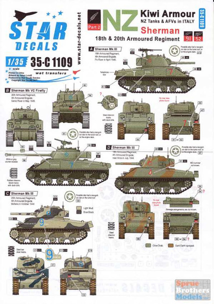 SRD35C1109 1:35 Star Decals - Kiwi Armour Part 2: NZ Tanks & AFVs in Italy Sherman 18th & 20th Armoured Regiment