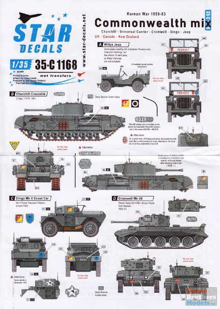 SRD35C1168 1:35 Star Decals - Commonwealth Mix Korean War: Churchill Universal Carrier Cromwell Dingo Jeep