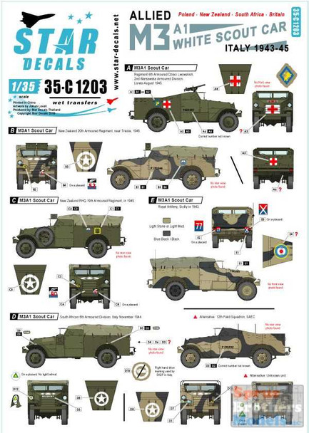 SRD35C1203 1:35 Star Decals - Allied M3A1 White Scout Car Italy 1943-45 (Poland NZ South Africa Britain)