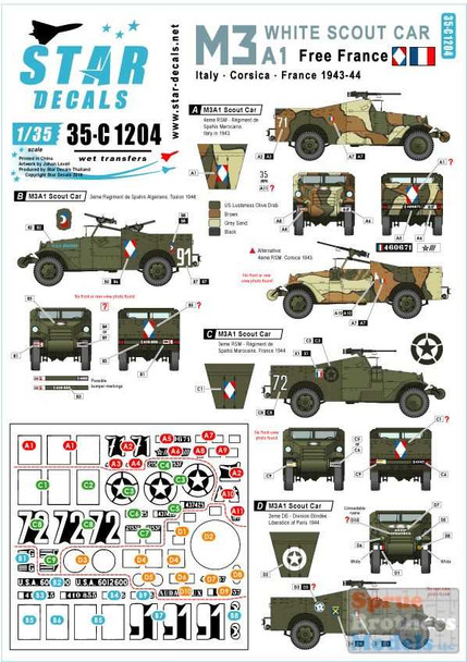 SRD35C1204 1:35 Star Decals - Free France M3A1 White Scout Car Italy 1943-44 (Italy Corsica France)