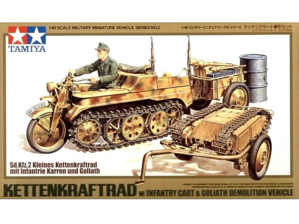 TAM32502 1:48 Tamiya Kettenkraftrad with Infantry Cart & Goliath Demolition Vehicle #32502