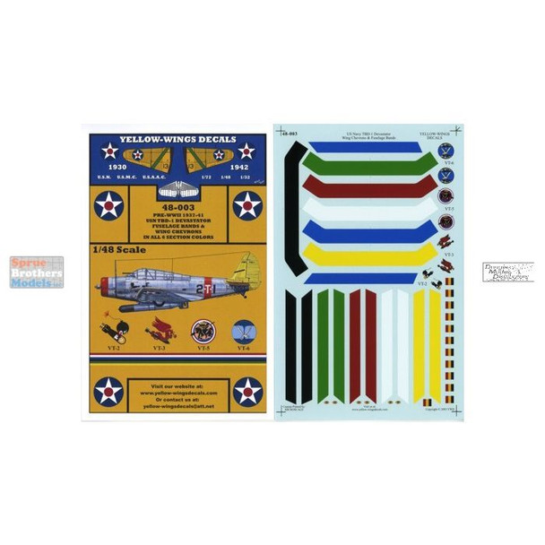 YWD48003 1:48 Yellow Wings Decals TBD-1 Devastator Wing Chevrons & Fuselage Bands