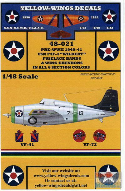 YWD48021 1:48 Yellow Wings Decals USN F4F-3 Wildcat Wing Chevrons & Fuselage Bands in 6 Section Colors #48021