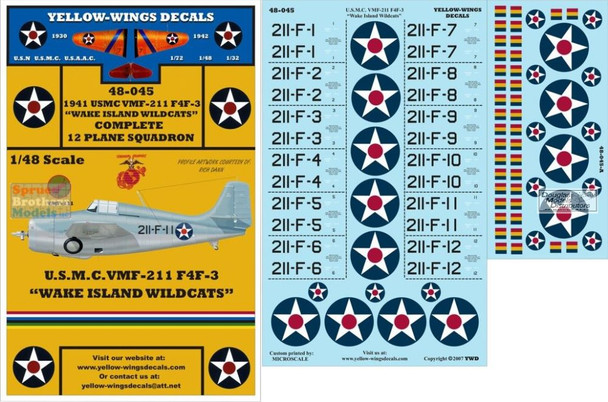 YWD48045 1:48 Yellow Wings Decals USMC F4F-3 Wildcat VMF-211 Wake Island Wildcats 1941