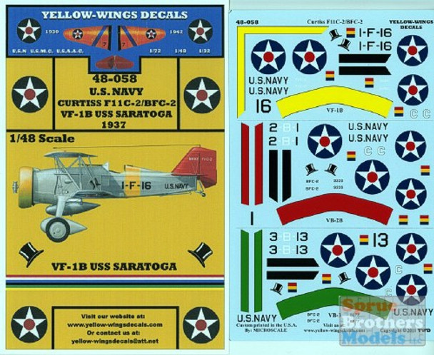 YWD48058 1:48 Yellow Wings Decals Curtiss F11C-2/BFC Goshawk VF-1B