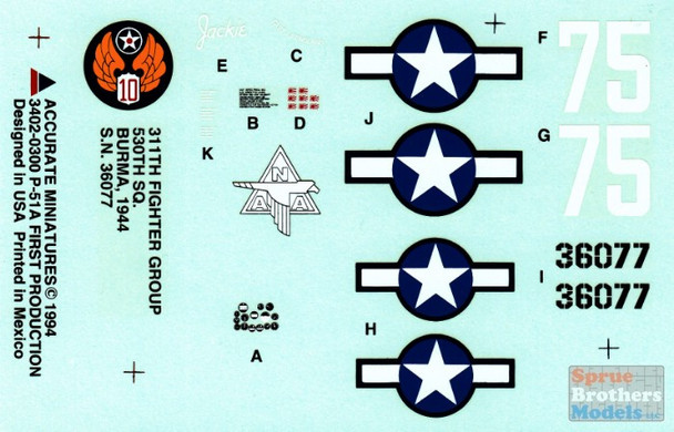 ACMD3402 1:48 Accurate Miniatures Decals - P-51A Mustang 311FG/530SQ Burma 1944