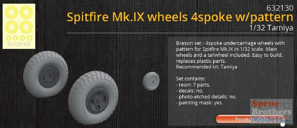 EDU632130 1:32 Eduard Brassin Spitfire Mk.IX Wheels 4-spoke with Pattern (TAM kit)