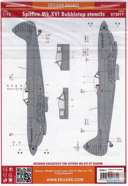 EDUD72011 1:72 Eduard Decals - Spitfire Mk.XVI Bubbletop Stencils