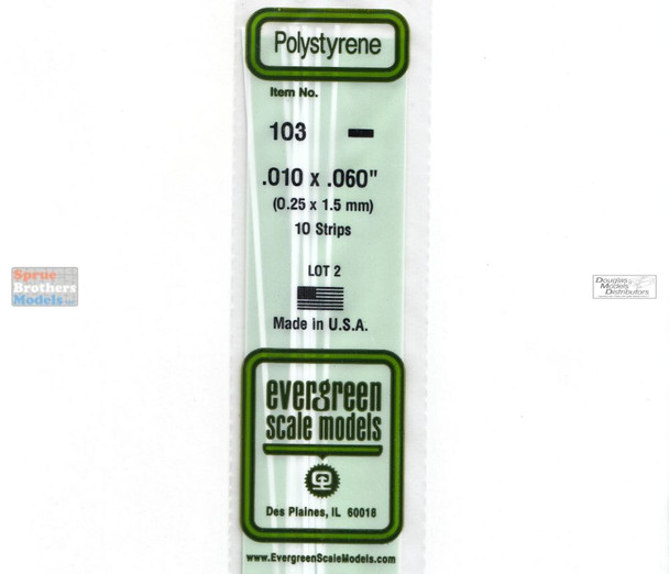 EVG0103 Evergreen Styrene Plastic .010 x .060 Strip 10 pieces #103