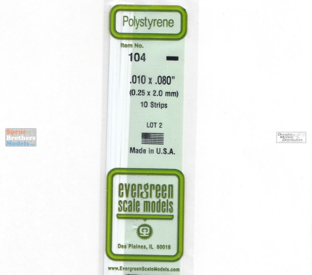 EVG0104 Evergreen Styrene Plastic .010 x .080 Strip 10 pieces #104