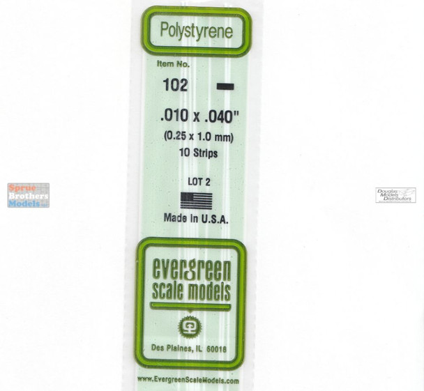 EVG0102 Evergreen Styrene Plastic .010 x .040 Strip 10 pieces #102