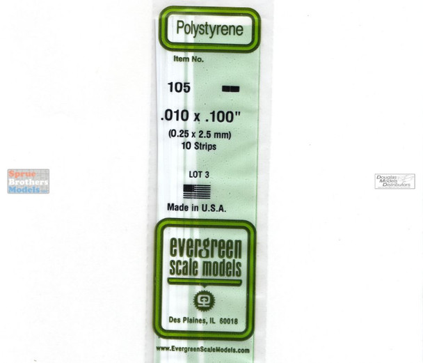 EVG0105 Evergreen Styrene Plastic .010 x .100 Strip 10 pieces #105