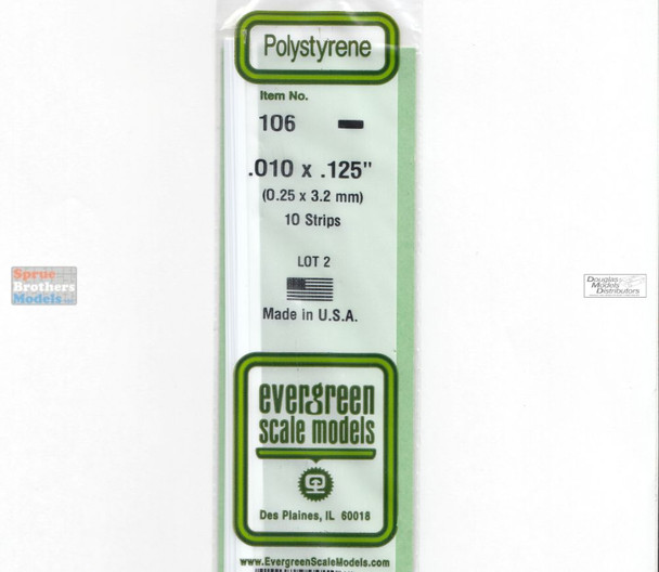 EVG0106 Evergreen Styrene Plastic .010 x .125 Strip 10 pieces #106