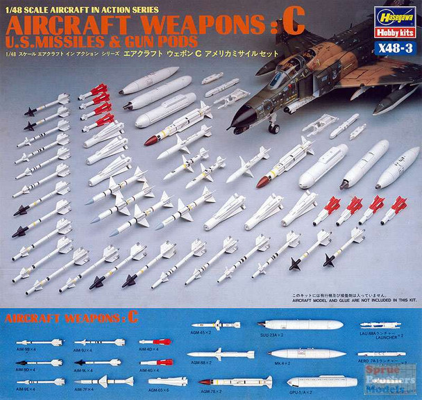 HAS36003 1:48 Hasegawa Weapons Set C - US Missiles and Gun Pods