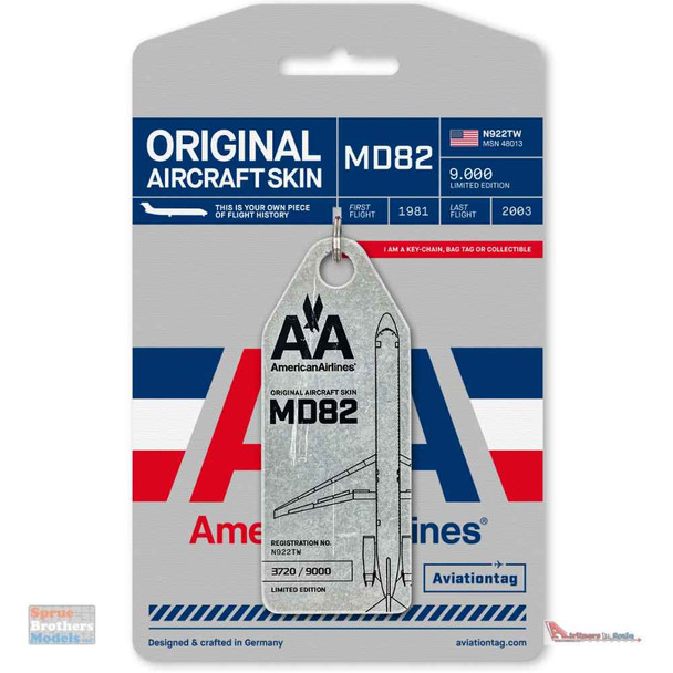 AVT057 AviationTag McDonnell Douglas MD-82 (American Airlines) Reg #N922TW Aluminum Original Aircraft Skin Keychain/Luggage Tag/Etc With Lost & Found Feature