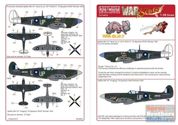 KSW148078 1:48 Kits-World Decals Spitfire Mk VIII Hava GoJo!! & Avagrog #148078