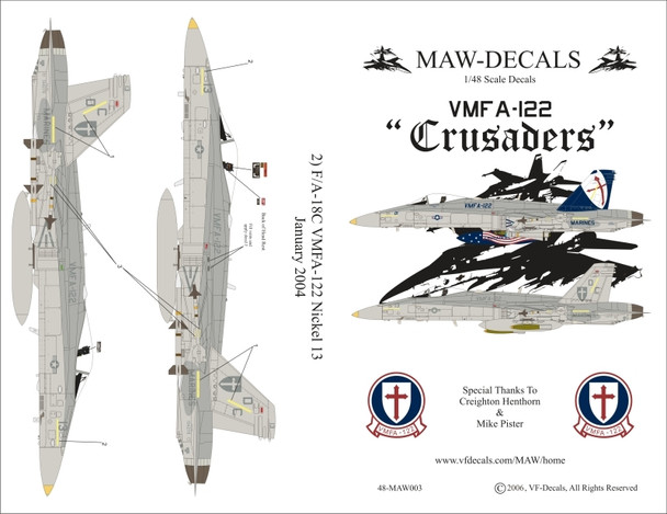 MAW48003 1:48 MAW Decals - F-18C Hornet VMFA-122 "Crusaders" #48003