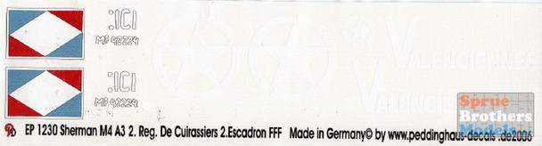 PDH1230 1:16 Peddinghaus Decals - Sherman M4A3 2. Reg de Cuirassiers 2 Escadron FFF