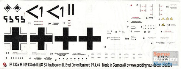 PDH1326 1:32 Peddinghaus Decals - Bf 109K Stab III./JG 53 Kaufbeuren Lt. Ernst Dieter Bernhard 19.4.45