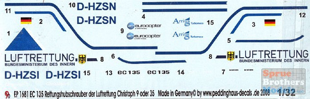 PDH1681 1:32 Peddinghaus Decals - EC 135 Rescue Helicopter Luftrettung Christoph 9 or 35