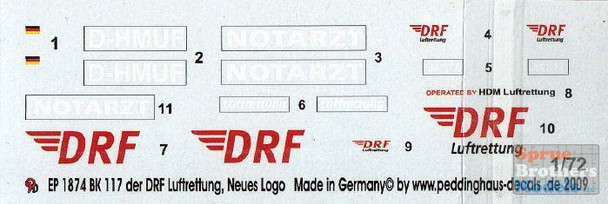 PDH1874 1:72 Peddinghaus Decals - BK 117 Rescue Helicopter with New DRF Logo D-HMUF