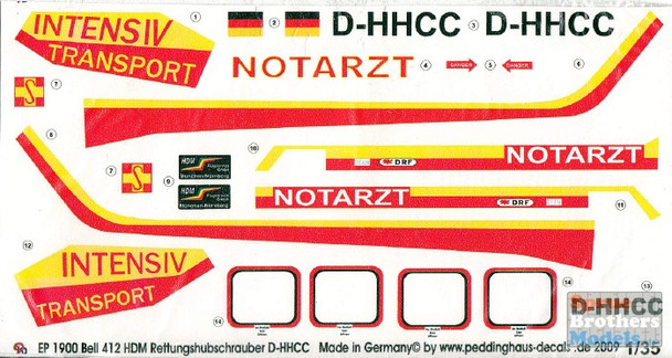 PDH1900 1:35 Peddinghaus Decals - Bell 412 Hubschrauber der HDM Flugservice Munchen-Nürnberg D-HHCC