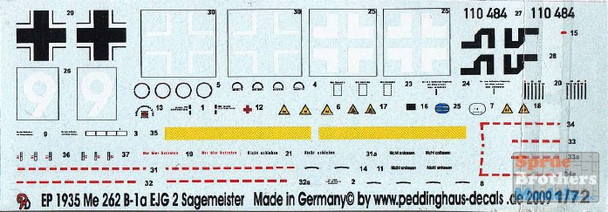 PDH1935 1:72 Peddinghaus Decals - Me 262B-1a EJG 2 Sagemeister