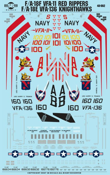 SBD48002 1:48 SB Decals F-18F F-18E Super Hornet VFA-11 Red Rippers & VFA-136 Knighthawks Hi Vis #48002