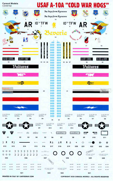 CARCD48192 1:48 Caracal Models Decals - A-10A Thunderbolt II 'Cold War Hogs'