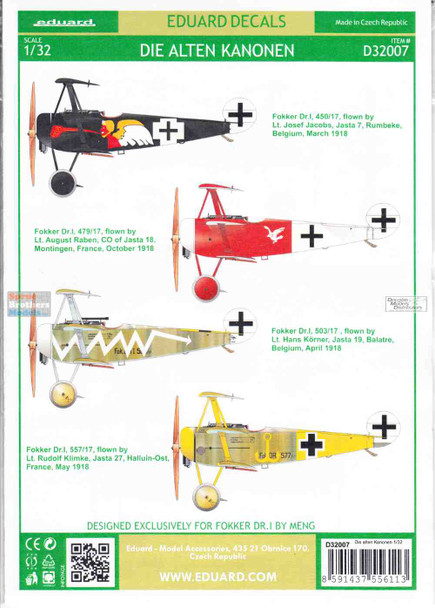 EDUD32007 1:32 Eduard Decals - Fokker Dr.I 'Die alten Kanonen'