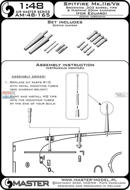 MASAM48165 1:48 Master Model - Spitfire Mk.IIb/Vb Browning .303 Barrel Tips & Hispano 20mm Cannons (EDU kit)