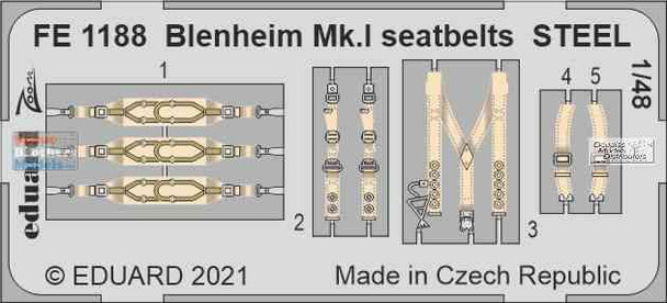 EDUFE1188 1:48 Eduard Color Zoom PE - Blenheim Mk.1 Seatbelts [STEEL] (AFX kit)