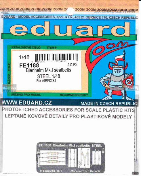 EDUFE1188 1:48 Eduard Color Zoom PE - Blenheim Mk.1 Seatbelts [STEEL] (AFX kit)