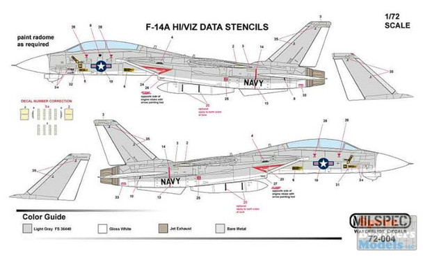 CAMMS72004 1:72 MilSpec Decals - F-14A Tomcat Hi Viz Data Stencils US Navy