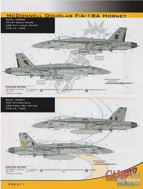 CAMP32011 1:32 CAM Pro Decals - F-18A Hornet VFA-27 Royal Maces 1993 / VFA-137 Kestrels 1990