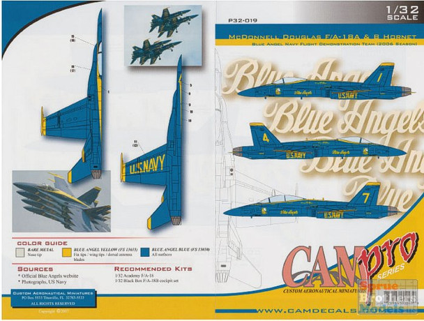 CAMP32019 1:32 CAM Pro Decals - F-18A F-18B Hornet Blue Angels 2006