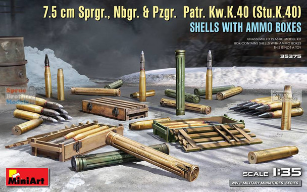 MIA35375 1:35 MiniArt 7.5cm Sprgr, Nbgr & Pzgr Patr KwK 40 (StuK.40) Shells with Ammo Boxes