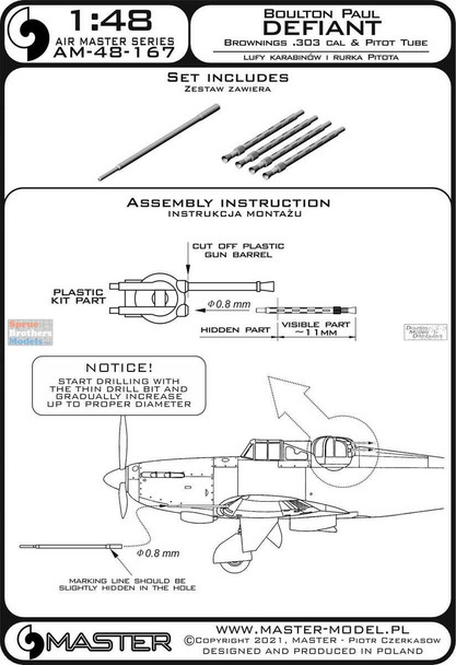 MASAM48167 1:48 Master Model - Bolton Paul Defiant Browning .303 Cal & Pitot Tube