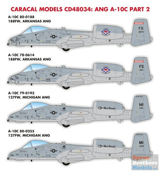 CARCD48034 1:48 Caracal Models Decals - A-10C Thunderbolt II Arkansas & Michigan ANG