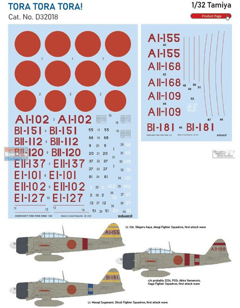 EDUD32018 1:32 Eduard Decals - A6M2 Zero Tora Tora Tora!  (TAM kit)