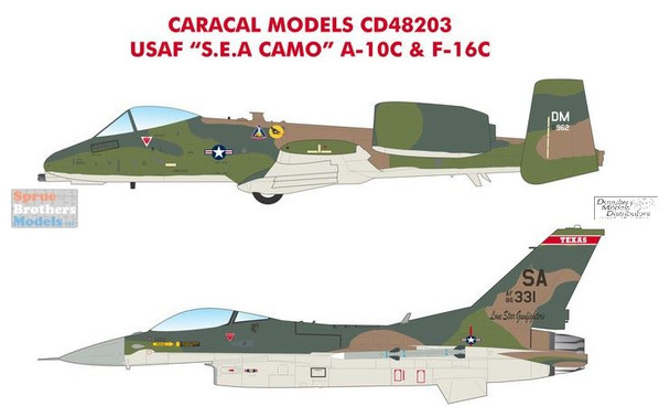CARCD48203 1:48 Caracal Models Decals - USAF Heritage Jets in Southeast Asia Camouflage Scheme A-10C Thunderbolt II / Warthog F-16C Falcon