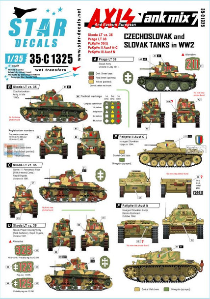 SRD35C1325 1:35 Star Decals - Axis Tank Mix #7: Czechoslovak and Slovok Tanks in WW2